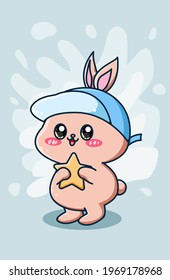 Cute and happy rabbit wearing hat with star cartoon illustration