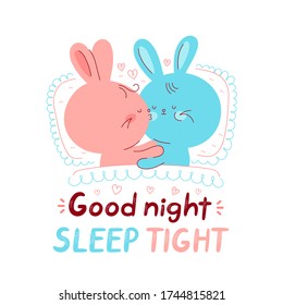 Conejos alegres en la cama. Ilustración del estilo de dibujo de la mano del personaje de dibujos animados. Aislado sobre fondo blanco. Tarjeta ajustada de sueño nocturno