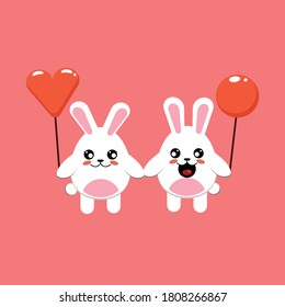 Cute happy rabits couple holding a baloons, Vector cartoon character illustration
