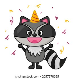 Cute happy raccoon birthday character flat style. Vector illustration