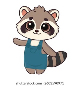 Cute happy raccoon. Cartoon character for greeting card, invitation, stickers. Vector illustration. Isolated on white background