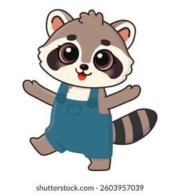 Cute happy raccoon. Cartoon character for greeting card, invitation, stickers. Vector illustration. Isolated on white background