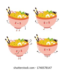 Cute happy ramen bowl character set collection. Isolated on white background. Vector cartoon character illustration