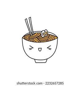 Cute happy ramen bowl. Kawaii Noodles cartoon vector character isolated on white background. Doodle yummy asian food mascot illustration