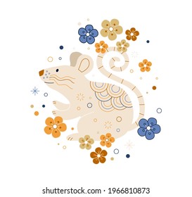 Cute happy rat with ornament and flowers around. Sweet lovely mouse. Beautiful smiling rodent animal. Flat vector illustration isolated on white background