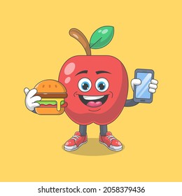 Cute Happy Red Apple With Burger Cartoon Vector Illustration. Fruit Mascot Character Concept Isolated Premium Vector