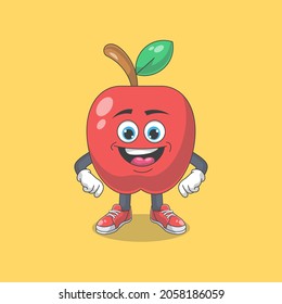Cute Happy Red Apple Cartoon Vector Illustration. Fruit Mascot Character Concept Isolated Premium Vector