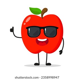 Un personaje alegre y alegre de manzana roja lleva gafas de sol. Divertido emoticono de saludo de fruta en estilo plano. ilustración vectorial apple emoji