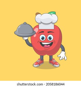 Cute Happy Red Apple Chef Cartoon Vector Illustration. Fruit Mascot Character Concept Isolated Premium Vector