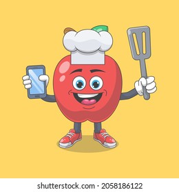 Cute Happy Red Apple Chef Cartoon Vector Illustration. Fruit Mascot Character Concept Isolated Premium Vector