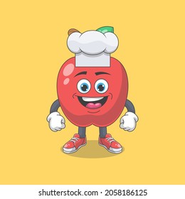 Cute Happy Red Apple Chef Cartoon Vector Illustration. Fruit Mascot Character Concept Isolated Premium Vector