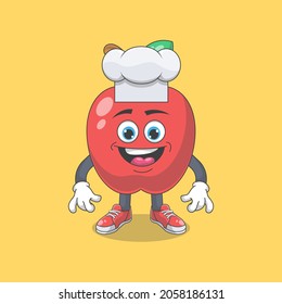 Ilustración del vector de dibujos animados del chef Cute Happy Red Apple. Concepto de carácter mascota de frutas Vector premium aislado