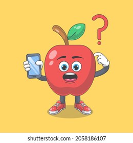 Cute Happy Red Apple Confused With Phone Cartoon Vector Illustration. Fruit Mascot Character Concept Isolated Premium Vector