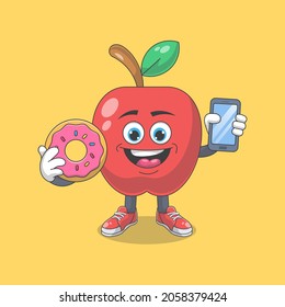 Cute Happy Red Apple With Donuts Cartoon Vector Illustration. Fruit Mascot Character Concept Isolated Premium Vector