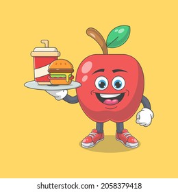 Cute Happy Red Apple Con Comida Rápida Ilustración Del Vector De Caricaturas. Concepto de carácter mascota de frutas Vector premium aislado