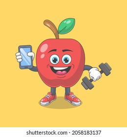 Cute Happy Red Apple Fitness Cartoon Vector Illustration. Fruit Mascot Character Concept Isolated Premium Vector