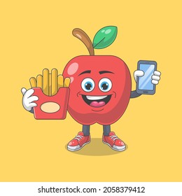 Cute Happy Red Apple With French Fries Cartoon Vector Illustration. Fruit Mascot Character Concept Isolated Premium Vector