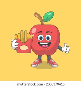 Cute Happy Red Apple With French Fries Cartoon Vector Illustration. Fruit Mascot Character Concept Isolated Premium Vector