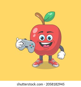 Cute Happy Red Apple Gamer Cartoon Vector Illustration. Fruit Mascot Character Concept Isolated Premium Vector