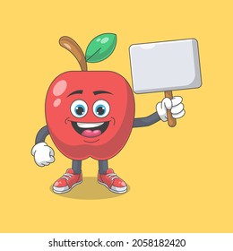 Cute Happy Red Apple Holding Blank Sign Cartoon Vector Illustration. Fruit Mascot Character Concept Isolated Premium Vector