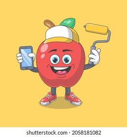 Cute Happy Red Apple Painter Cartoon Vector Illustration. Fruit Mascot Character Concept Isolated Premium Vector