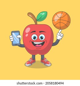 Cute Happy Red Apple Playing Basketball Cartoon Vector Illustration. Fruit Mascot Character Concept Isolated Premium Vector