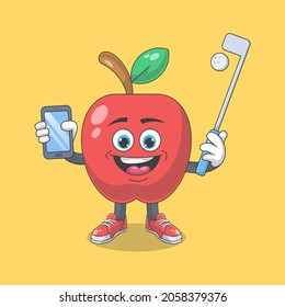 Cute Happy Red Apple Playing Golf Cartoon Vector Illustration. Fruit Mascot Character Concept Isolated Premium Vector
