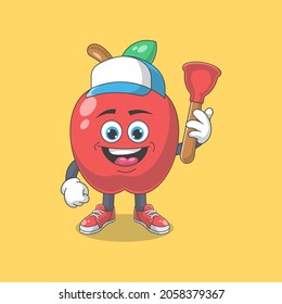 Cute Happy Red Apple Plumber Cartoon Vector Illustration. Fruit Mascot Character Concept Isolated Premium Vector