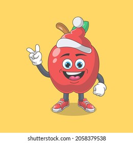 Cute Happy Red Apple Santa Cartoon Vector Illustration. Fruit Mascot Character Concept Isolated Premium Vector