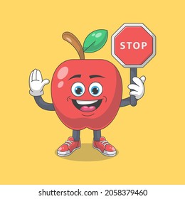 Cute Happy Red Apple Con Stop Sign Cartoon Vector Ilustración. Concepto de carácter mascota de frutas Vector premium aislado