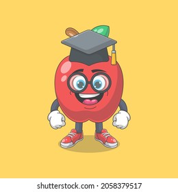 Cute Happy Red Apple University Graduate Cartoon Vector Illustration. Fruit Mascot Character Concept Isolated Premium Vector