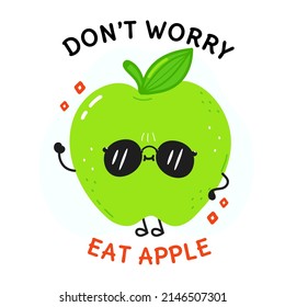 Cute happy red apple. Vector hand drawn doodle style cartoon character illustration icon design. Card with cute happy red apple emoji,child,baby,adorable,kids,eat,cartoon,food,nature, character