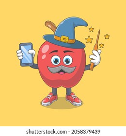 Cute Happy Red Apple Wizard Cartoon Vector Illustration. Fruit Mascot Character Concept Isolated Premium Vector