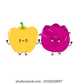 Cute happy Red cabbage and bell pepper card. Vector hand drawn doodle style cartoon character illustration icon design. Happy cute Red cabbage and bell pepper friends concept card