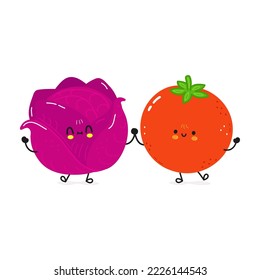 Cute happy red cabbage and tomato card. Vector hand drawn doodle style cartoon character illustration icon design. Happy cute red cabbage and tomato friends concept card
