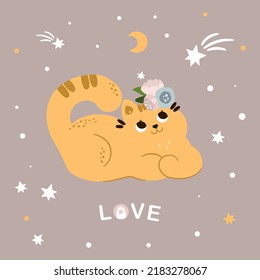 Cute happy red cat is dreaming in the stars. Children's illustrations. Flat cartoon style for baby shower, baby store, books