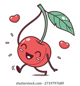 Cute Happy Red Cherry Cartoon Character Running with Leaf and Hearts Sparkles Illustration