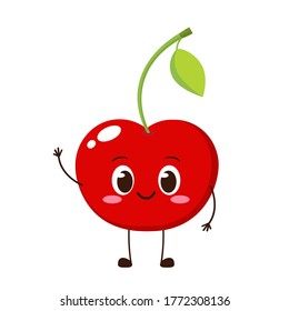 Carácter de cereza roja alegre. Divertido emoticono de fruta en estilo plano. Ilustración vectorial del emoji de Berry. Alimentos vegetarianos sanos