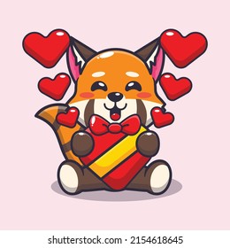 cute happy red panda cartoon character in valentines day