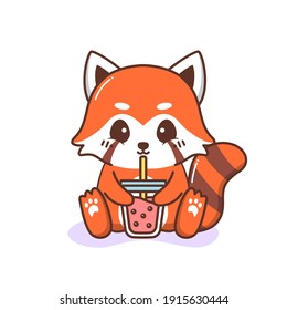 cute happy red panda drinking bubble tea