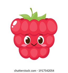 Cute happy red raspberry character. Funny berry emoticon in flat style. Cartoon fruit emoji vector illustration