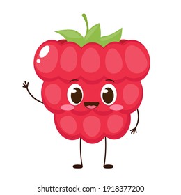 Un personaje alegre de frambuesa roja. Divertido emoticono de berry en estilo plano. Ilustración vectorial del fruto de la caricatura