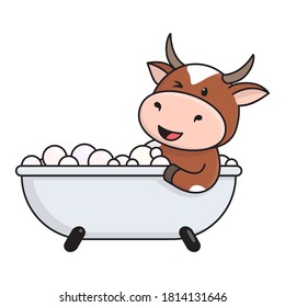 Cute happy red spotted cow or bull takes a bubble bath. Ox is symbol of the New year 2021 according to Chinese or Eastern calendar. Vector stock flat illustration isolated on white