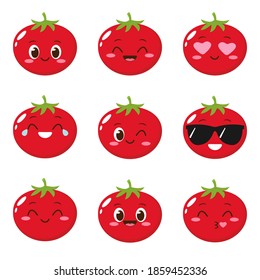 Cute happy red tomato character. Funny vegetable emoticon in flat style. Food emoji vector illustration. Healthy vegetarian food