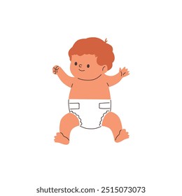 A cute happy red-haired boy in a white diaper lies on his back. Newborn. Motherhood. Shower day. Cartoon style. Flat vector illustration isolated on white background.