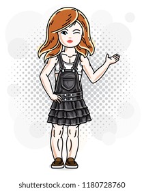 Cute happy red-haired girl in jeans wear posing. Vector character. 