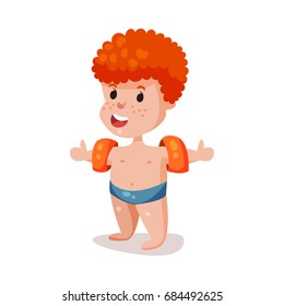 Cute happy redhead boy jumping wearing inflatable armbands, kid ready to swim colorful character vector Illustration