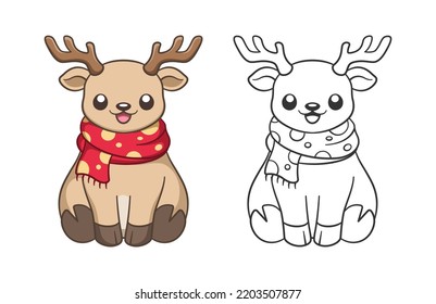 Cute happy reindeer wearing a polka dot scarf outline and colored doodle animal cartoon illustration set. Winter wildlife Christmas theme coloring book page activity for kids and adults.