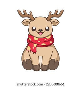 Cute happy reindeer wearing a polka dot scarf cartoon illustration. Winter Christmas theme clip art.