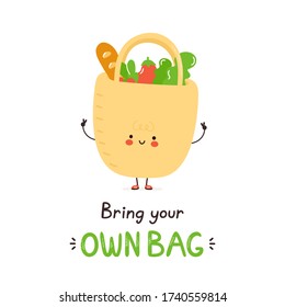 Cute happy reusable bag. Isolated on white background. Vector cartoon character illustration